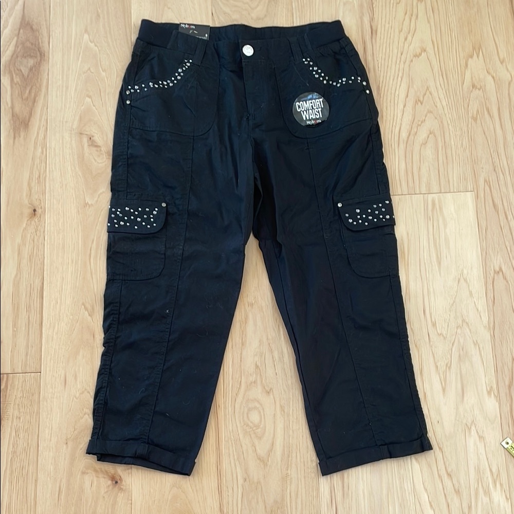 Style & Co Women's Silver Studded Detail Comfort Waist Black Cargo Pant -  6 NWT